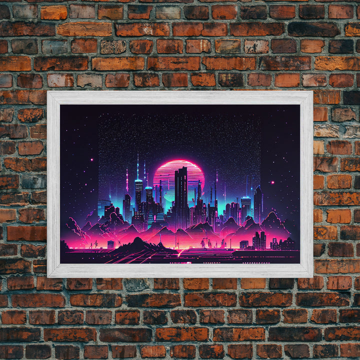 Cyberpunk city skyline superimposed over a sunset, synthwave style dystopian  art, framed canvas print
