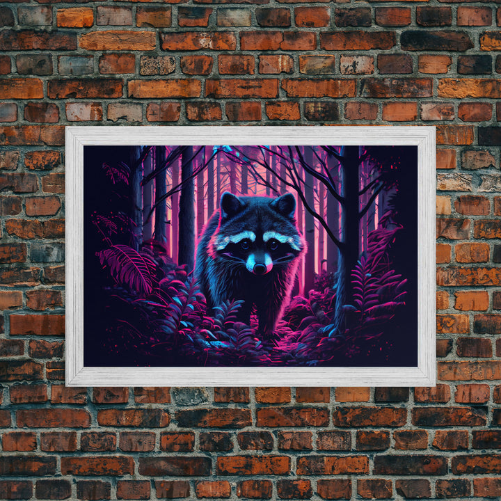 Cute racoon in the forest, vaporwave aesthetic animal art, framed canvas print, colorful animal art
