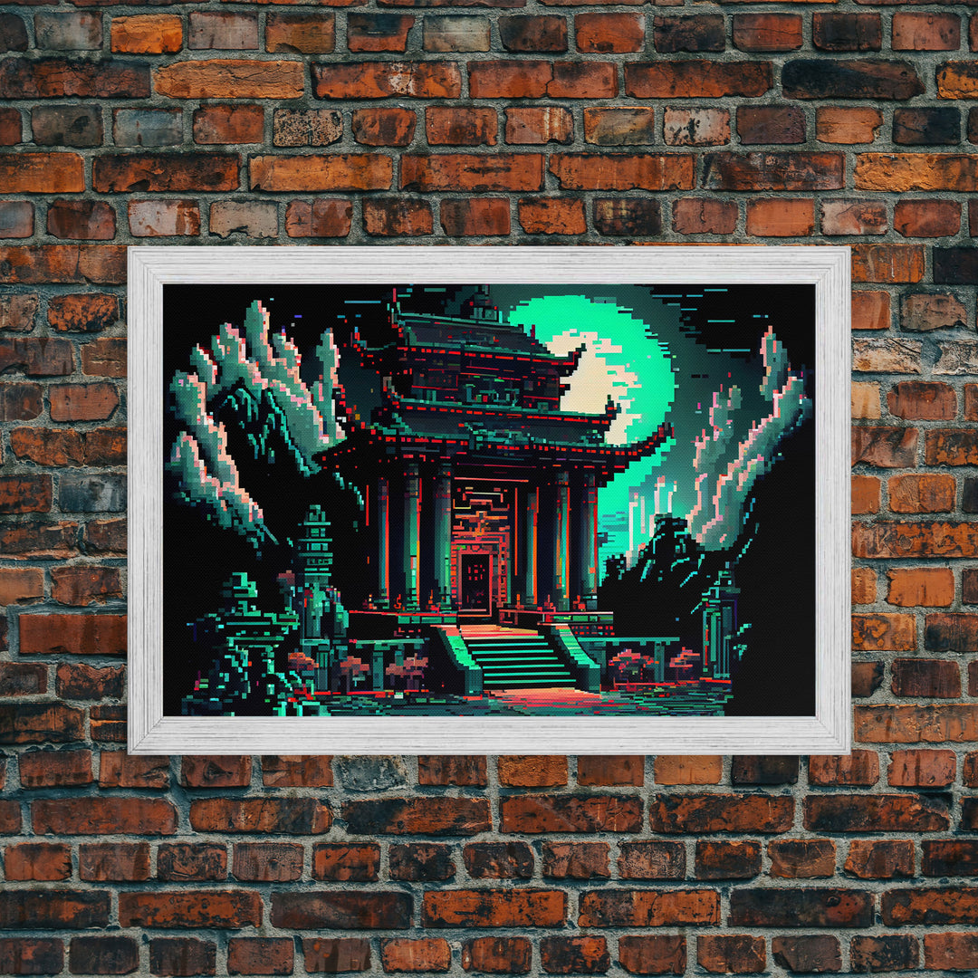 Japanese Pagoda pixel art, cyberpunk style pagoda, framed canvas print