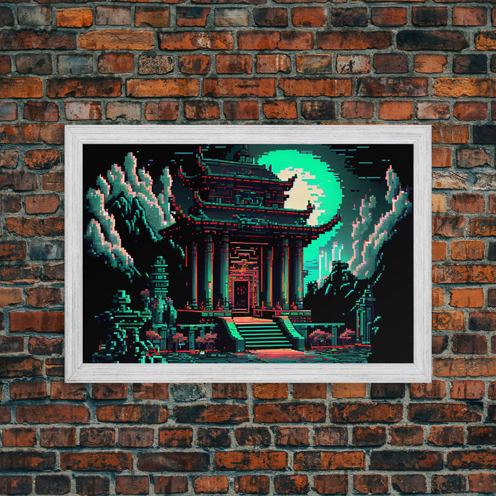 Japanese Pagoda pixel art, cyberpunk style pagoda, framed canvas print