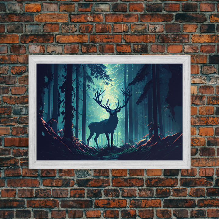 Mythical stag in the forest, fantasy art, framed canvas print, mythical creatures