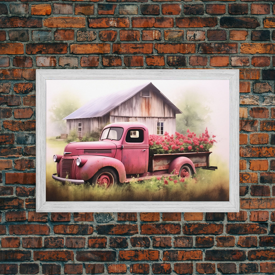 Old Pink Truck Used As a Flower Bed, Framed Canvas Print Or Poster, Rustic Farmhouse Decor, Primitive Art, Country Home Art
