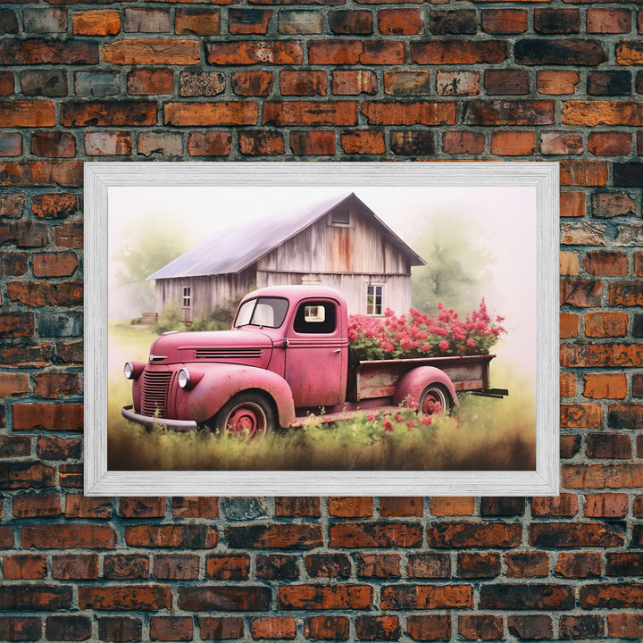 Old Pink Truck Used As a Flower Bed, Framed Canvas Print Or Poster, Rustic Farmhouse Decor, Primitive Art, Country Home Art
