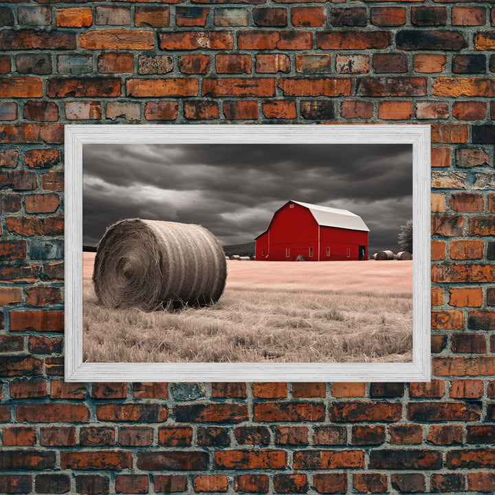 Liminal Spaces, Red Barn Under A Storm Canvas Print, Rustic / Minimalist Cottagecore Wall Art, Framed Canvas Print, Hay Bale Art