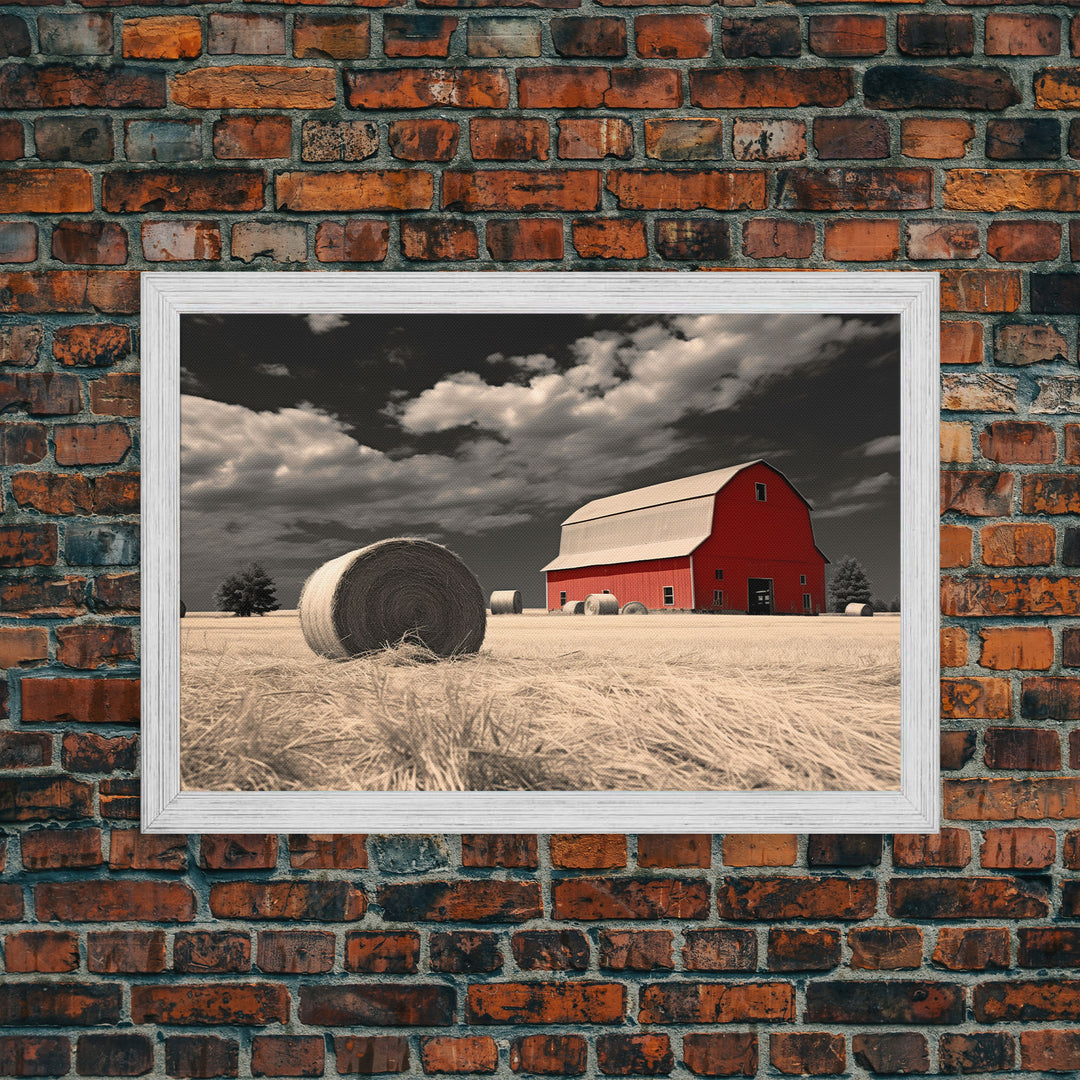 Wide Open Spaces, Red Barn Under A Storm Canvas Print, Rustic / Minimalist Cottagecore Wall Art, Framed Canvas Print, Hay Bale Art, Liminal