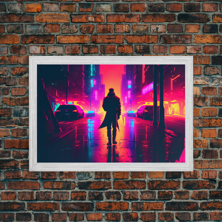 Cyberpunk bounty hunter art, vaporwave synthwave dystopian cityscape, framed canvas print
