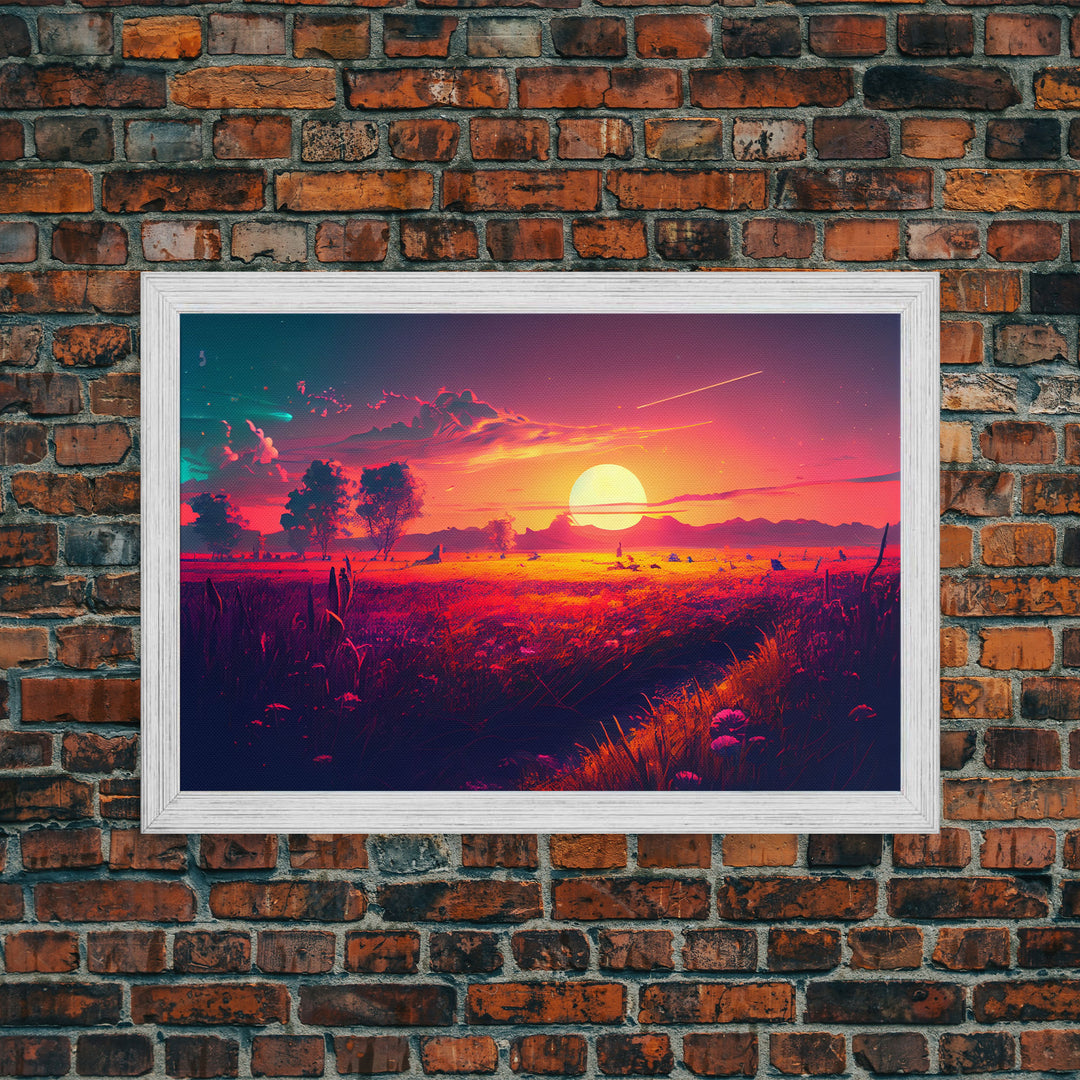 Watercolor of a beautiful sunset over a vibrant field of flowers, framed canvas print, framed art