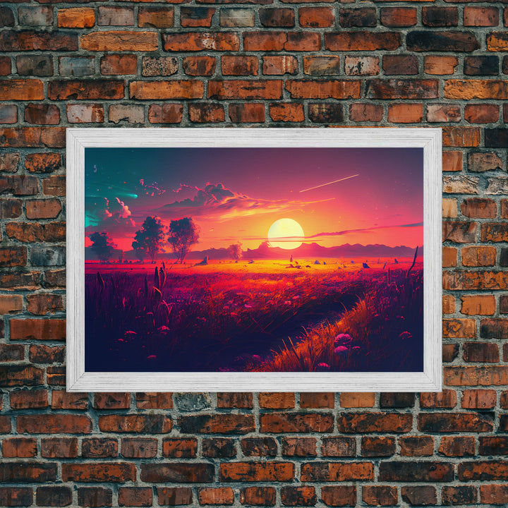 Watercolor of a beautiful sunset over a vibrant field of flowers, framed canvas print, framed art