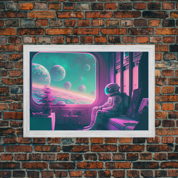 Vaporwave Aesthetic Scifi Art, In Transit, Astronaut riding the space train, framed canvas print