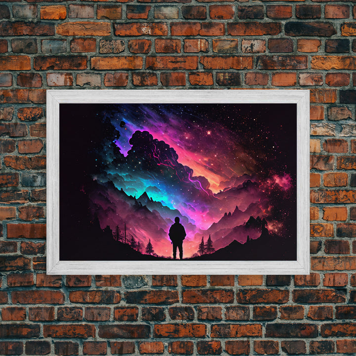 Contemplating the Universe, retro style space art, framed canvas print, synthwave space decor