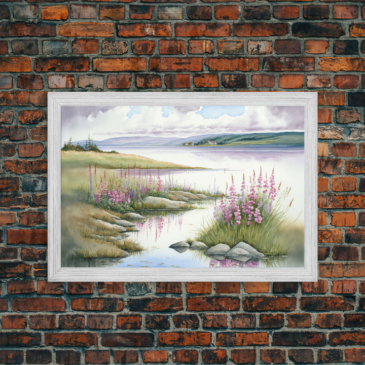 Pink flower landscape art, beautiful nature watercolor painting canvas print, Framed Canvas Print, Wall decoration, living room wall art