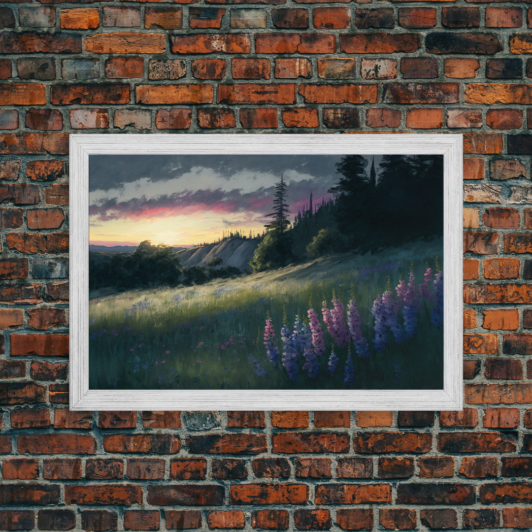 Watercolor of a beautiful landscape at sunset, rustic farmhouse decor, primitive art, cabin art, wall decoration