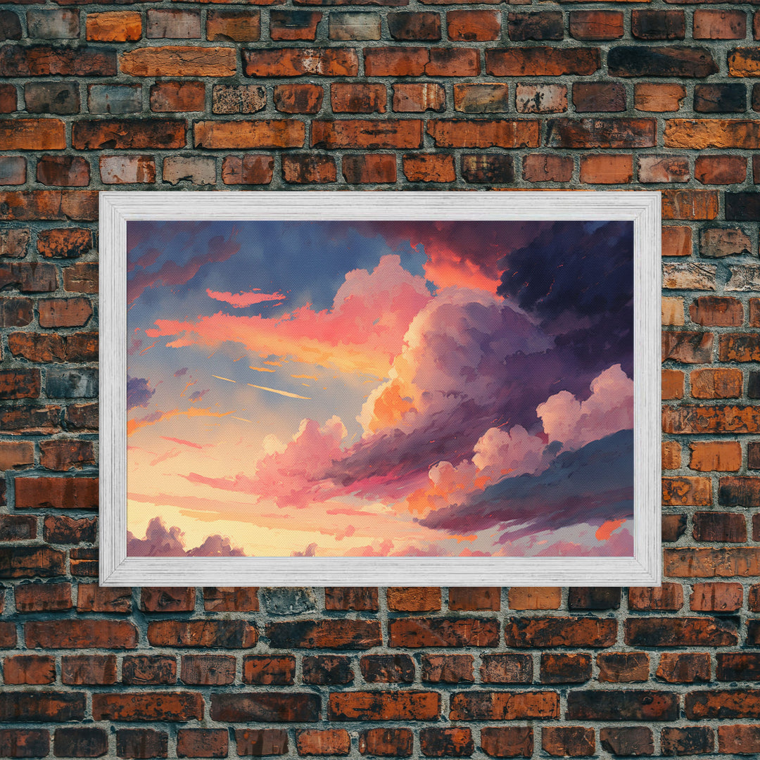 Pink Clouds Sunset Art | Framed Canvas Print | Vintage Style Painting Print | Whimsical Boho Decor | Modern Farmhouse Art