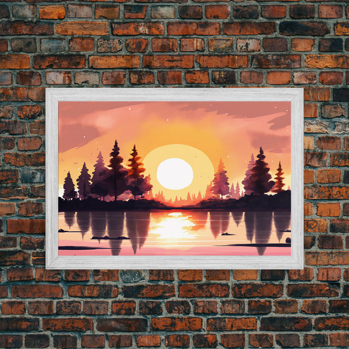 Sunrise Over The Lake and Forest, Lakehouse landscape art, orange and red tones, framed canvas print, watercolor art