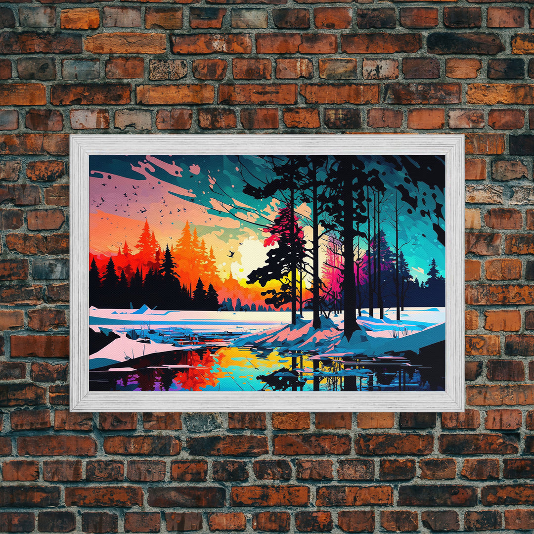 Pop Art Style Water Color of a Winter Forest | Minimalist Contemporary Art | Framed Canvas Print | WPAP Style Landcape Art