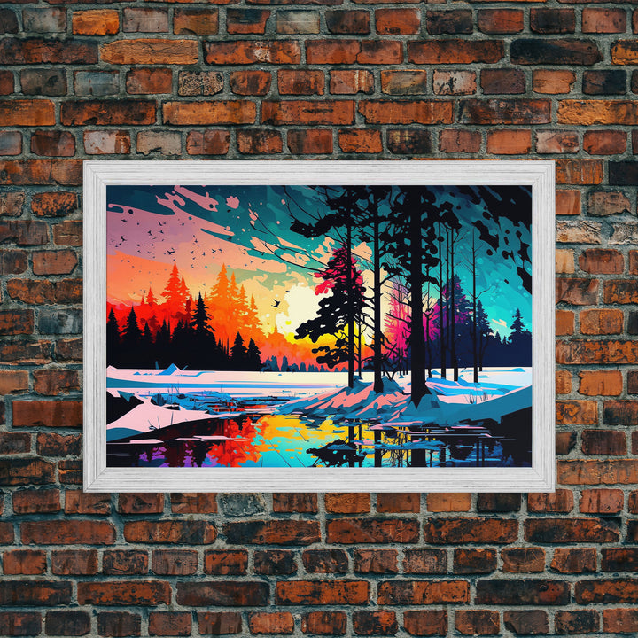 Pop Art Style Water Color of a Winter Forest | Minimalist Contemporary Art | Framed Canvas Print | WPAP Style Landcape Art