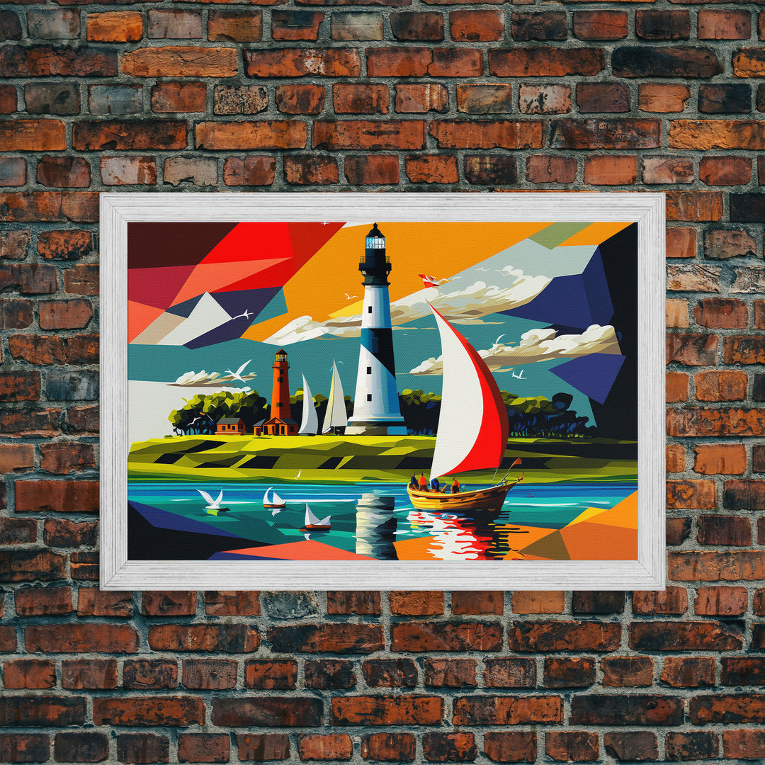 Sailboat and Lighthouse | Pop Art Style Painting Print | Framed Canvas Print | Colorful  Minimalist Art | Nautical Art