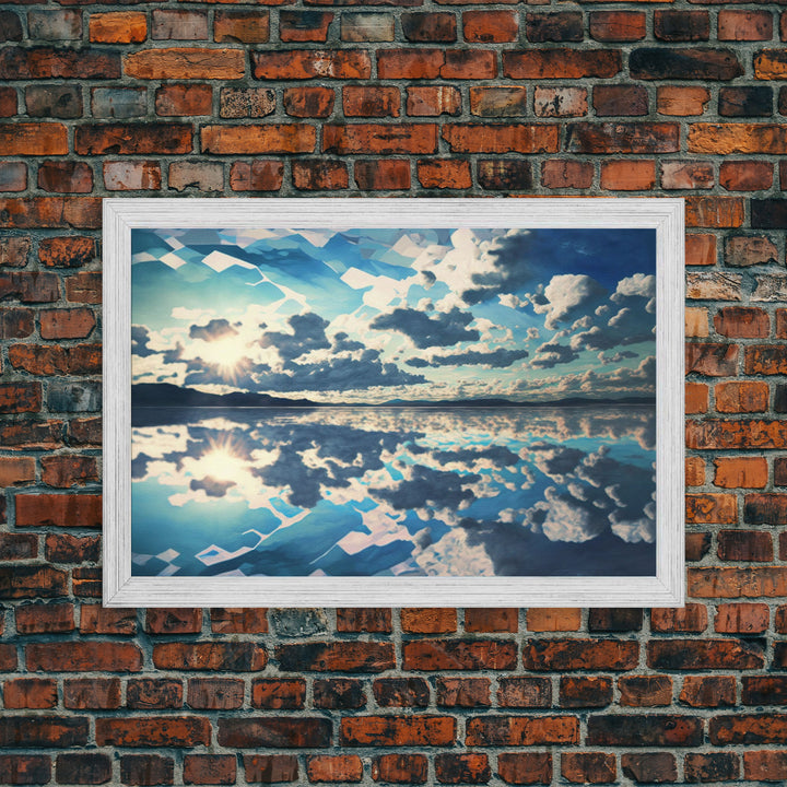 Reflections in Ice, Framed canvas print, unique farmhouse wall art, blue and white tones