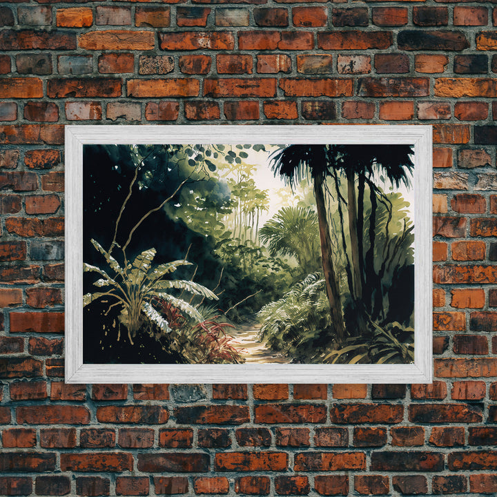 Watercolor of a Jungle Landscape, Framed Canvas Print, Framed Wall Art