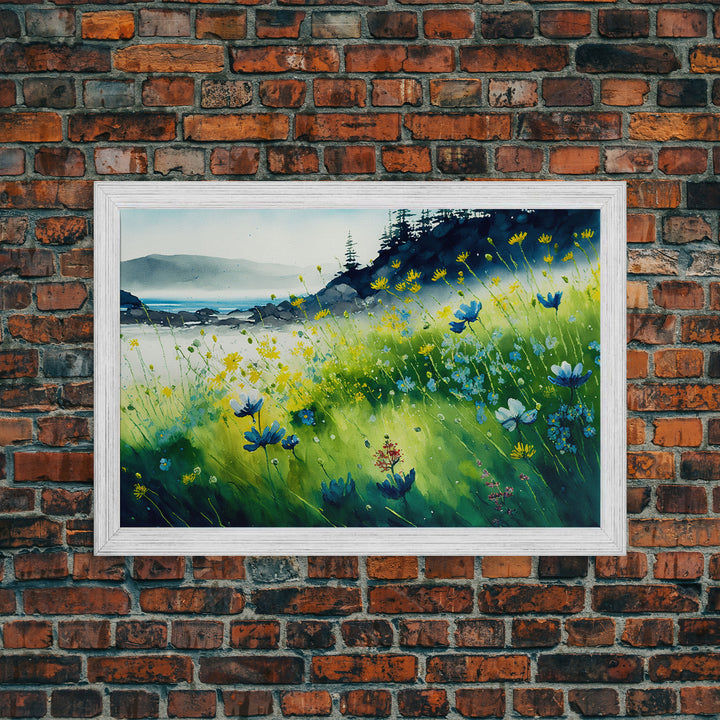 Beautiful Watercolor of a field of blue flowers, framed canvas print, whimsical wall decor, colorful wall art