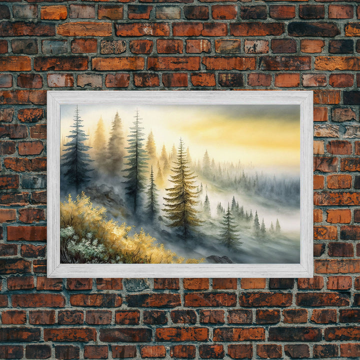 Watercolor of a foggy pine tree forest, framed canvas print, unique wall art, contemporary art