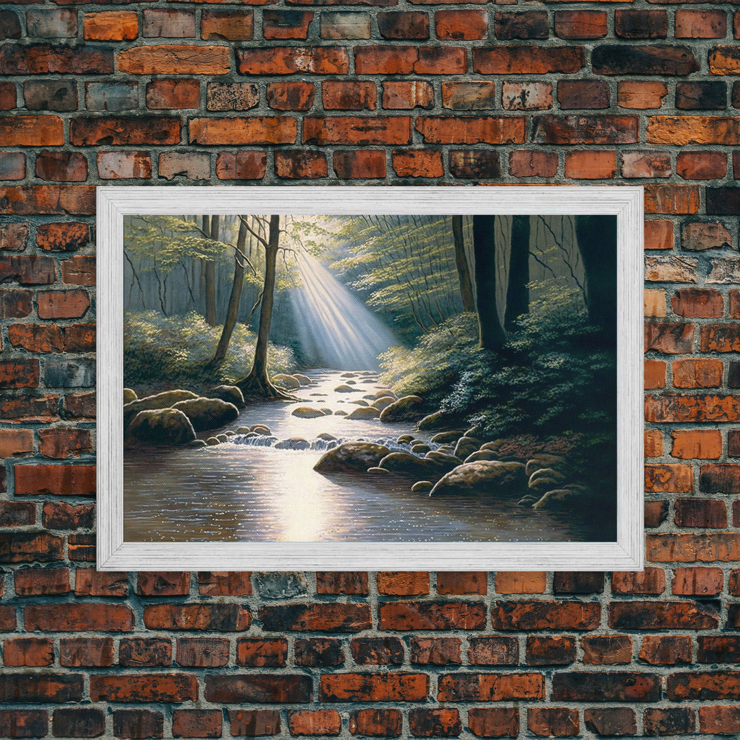 Colorful Watercolor Art, Framed Canvas Print, unique wall art, framed wall art, Landscape watercolor, Beams of Sunlight piercing the canopy