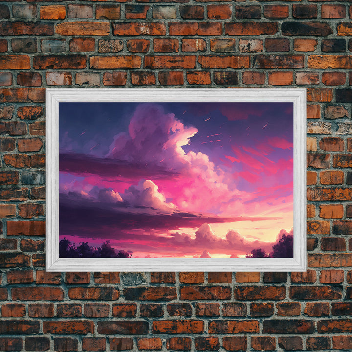 Contemporary Sunset Cloudy Sky, Framed canvas print, colorful landscape art, living room decor