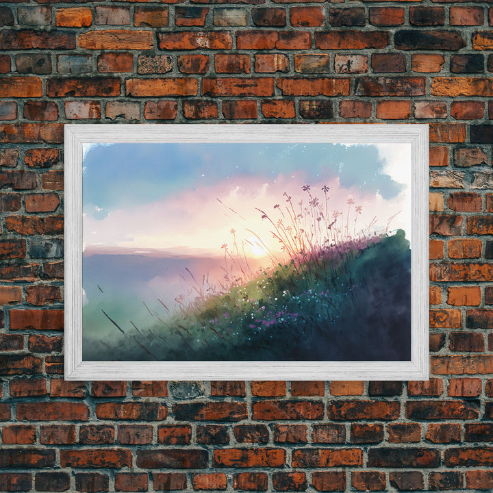 Serene Sunset, Watercolor Landscape Art, Framed Canvas Print, colorful wall art, above couch living room art