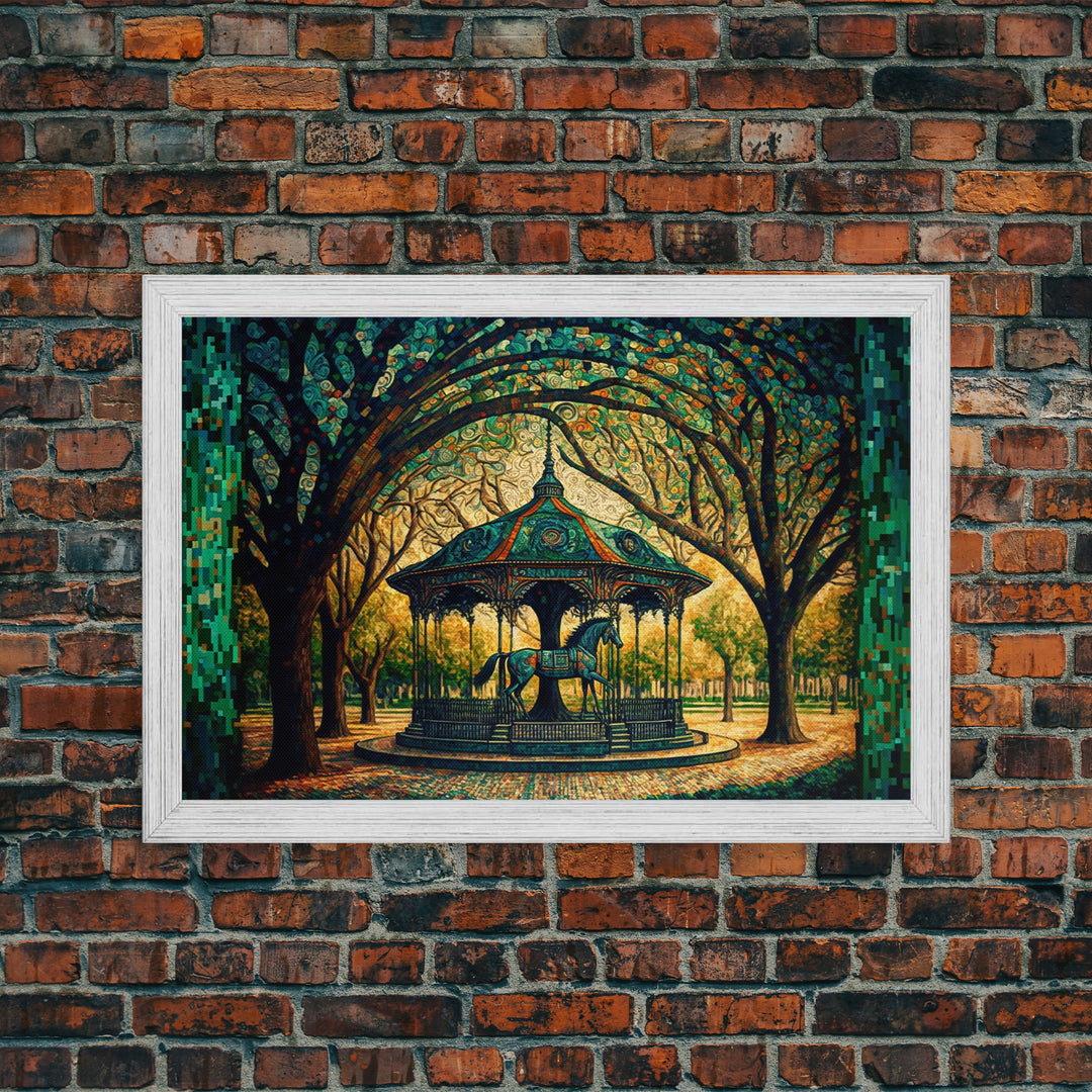 Framed Canvas Print, Painting of a Vintage carousel, Stained Glass Style Wall Art