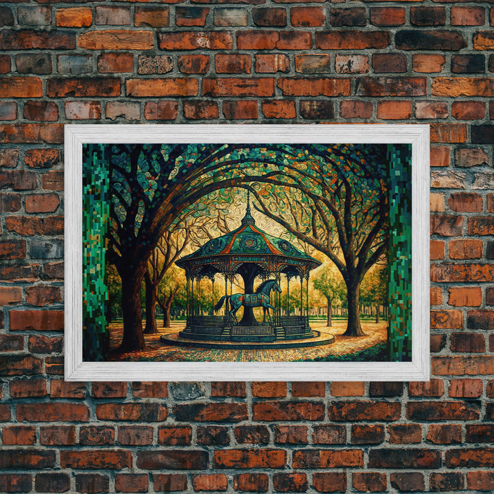 Framed Canvas Print, Painting of a Vintage carousel, Stained Glass Style Wall Art