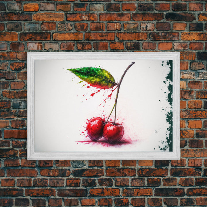 Watercolor Cherry, Still Life Paint Splatter Art, Framed Canvas Print, Fruit Art, Cherries with Stems Watercolor Painting