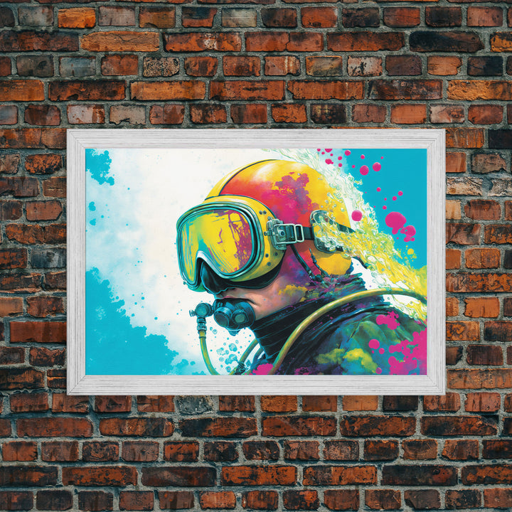 Graffiti Pop Art Scuba Diver, Framed Canvas Print, Scuba Painting, Retro Under Water Punk Art