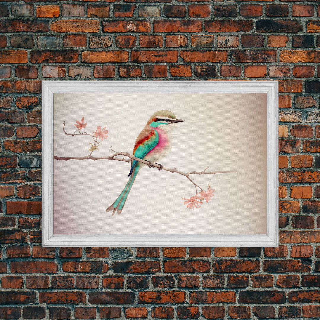 Colorful Oriole Bird On a Branch, Watercolor, Framed Canvas Print, Birdwatcher Art
