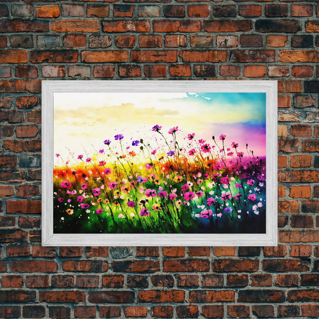 Field Of Rainbow Colored Wild Flowers, Watercolor, Framed Canvas Print, Original Art, Large Format Art, huge living room art
