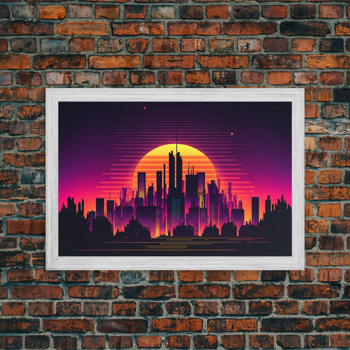 Outrun Style Futuristic Cyberpunk City Skyline at Sunset, Concept art, framed canvas print, dystopian art