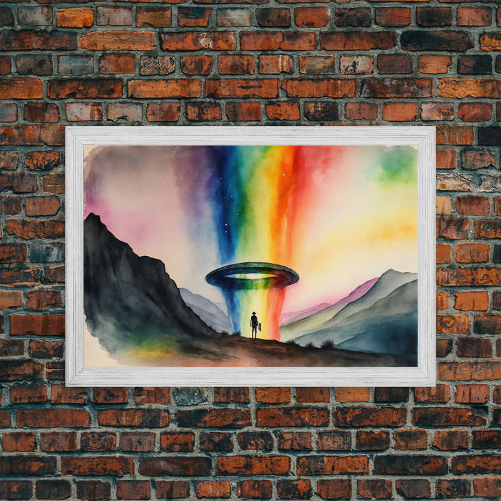The Abduction, Rainbow UFO Art, Watercolor, Framed Canvas Print, Science Fiction Wall Decor