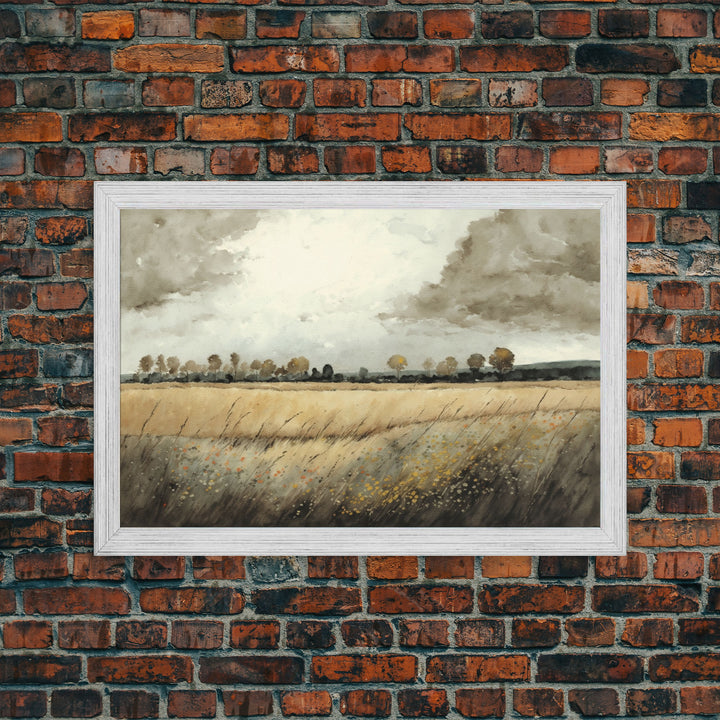 Moody Country Landscape Canvas Print Painting | Vintage Wall Art | Subdued Wall Art | Framed Canvas | Muted Monochromatic Landscape Art