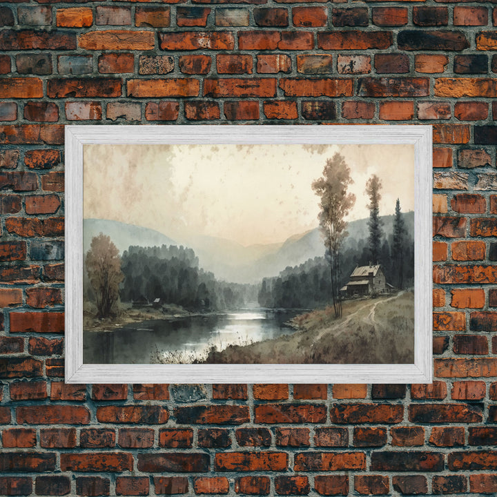Cottage On The Lake, Wall Art, Framed Canvas Print, Subdued Minimalist Boho Style Wall Decor, Canvas Art, Rustic Decor