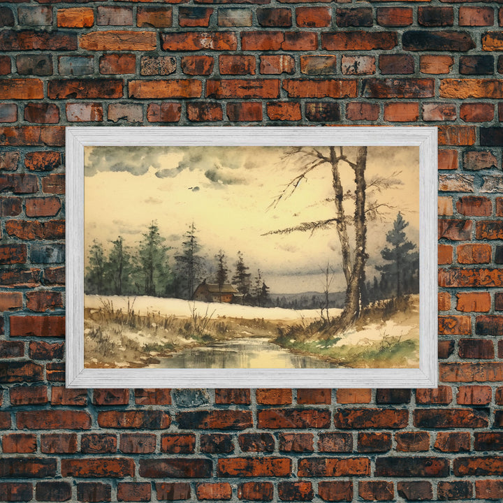 Cottage On The Lake, Wall Art, Framed Canvas Print, Subdued Minimalist Boho Style Wall Decor, Canvas Art, Rustic Decor