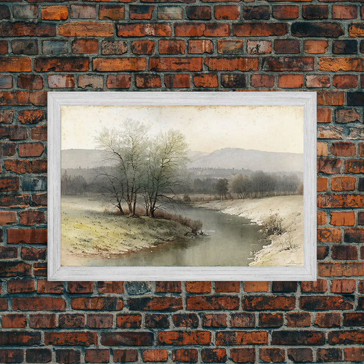 Rustic Vintage Landscape Wall Art Print, Nature Framed Large Gallery Art, Minimalist Art Ready to Hang, With Hangers, Muted Farmhouse Art