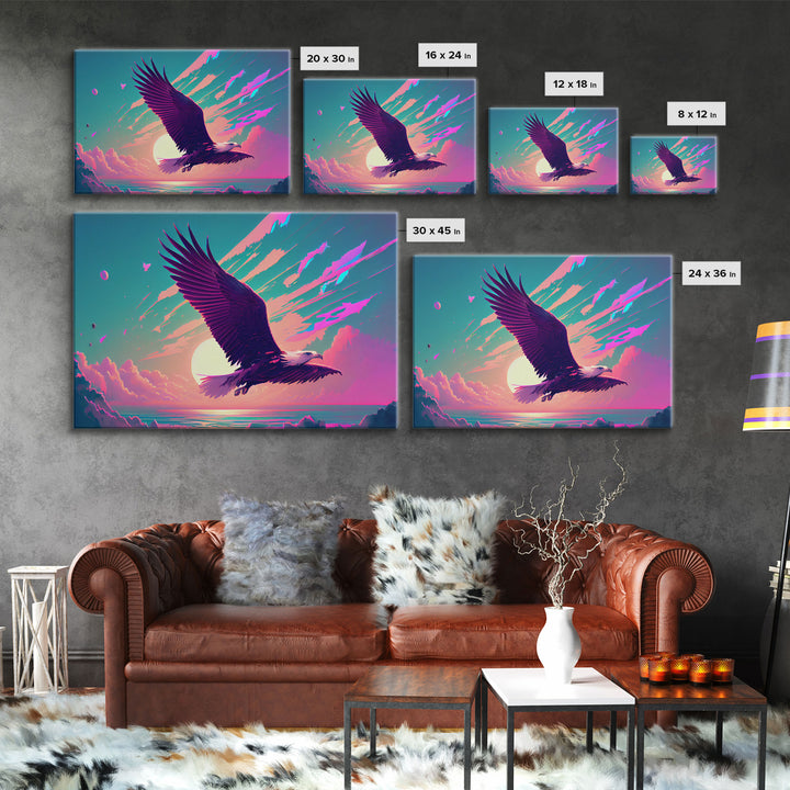 Bald eagle in flight, vaporwave sunset, vaporwave art, framed canvas print, pink and turquoise art
