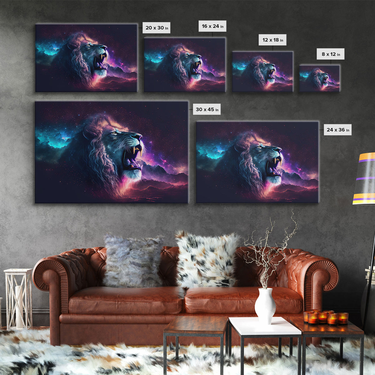 Cosmic Roar, lion roaring at the stars, synthwave galaxy and lion art, framed canvas print, unique framed wall art