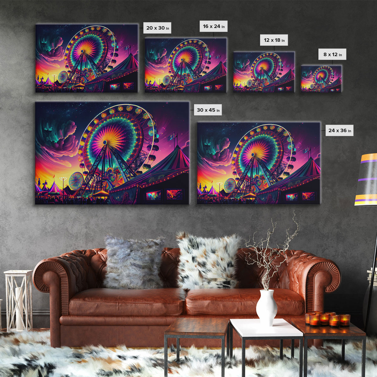 Synthwave ferris wheel watercolor art, framed canvas print, colorful vibrant wall decor, framed wall art