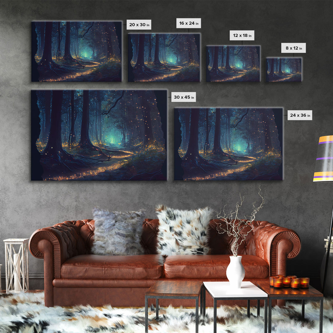 Night In The Forest Woods Path Of Fireflies Fine Art Print, Wall Poster, Wall Art Print, Wall Decor