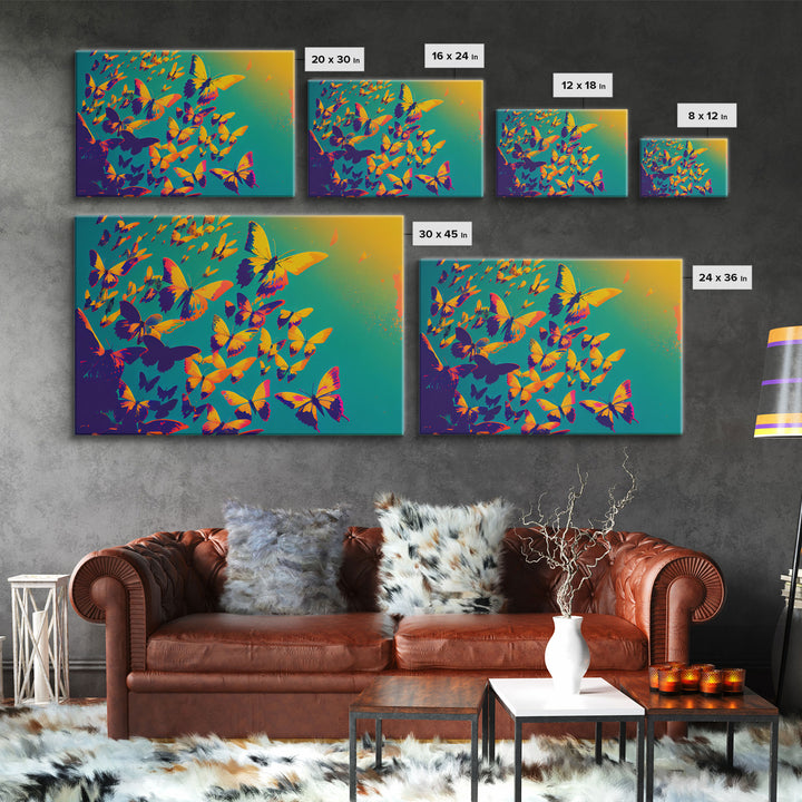 Synthwave Tangerine butterflies, beautiful butterfly art, framed canvas print, framed wall art