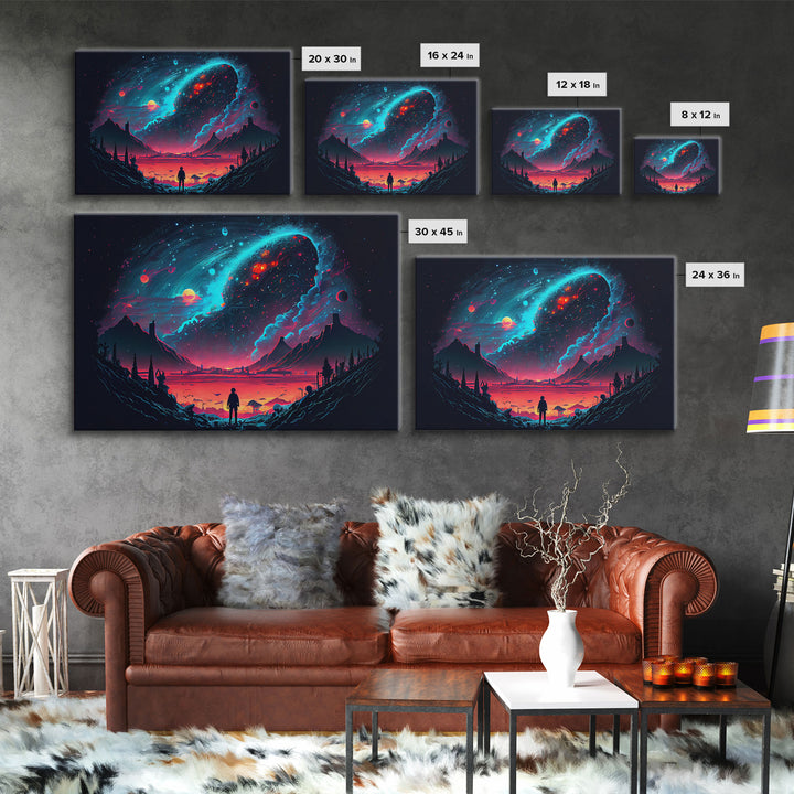 Strange new worlds among  the stars, scifi retrowave art, framed canvas print, unique wall art