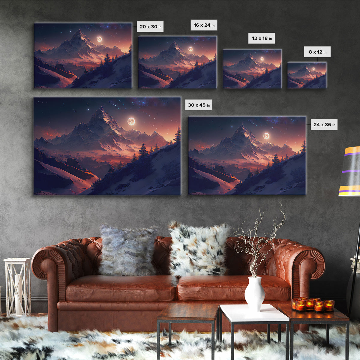 Mt. Everest Art, full moon over a mountain landscape, watercolor, framed canvas print, unique wall art