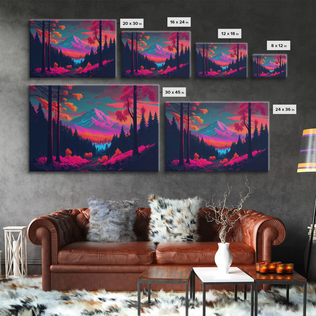 Synthwave style watercolor painting of a mountain and forest, framed canvas print, colorful wall art