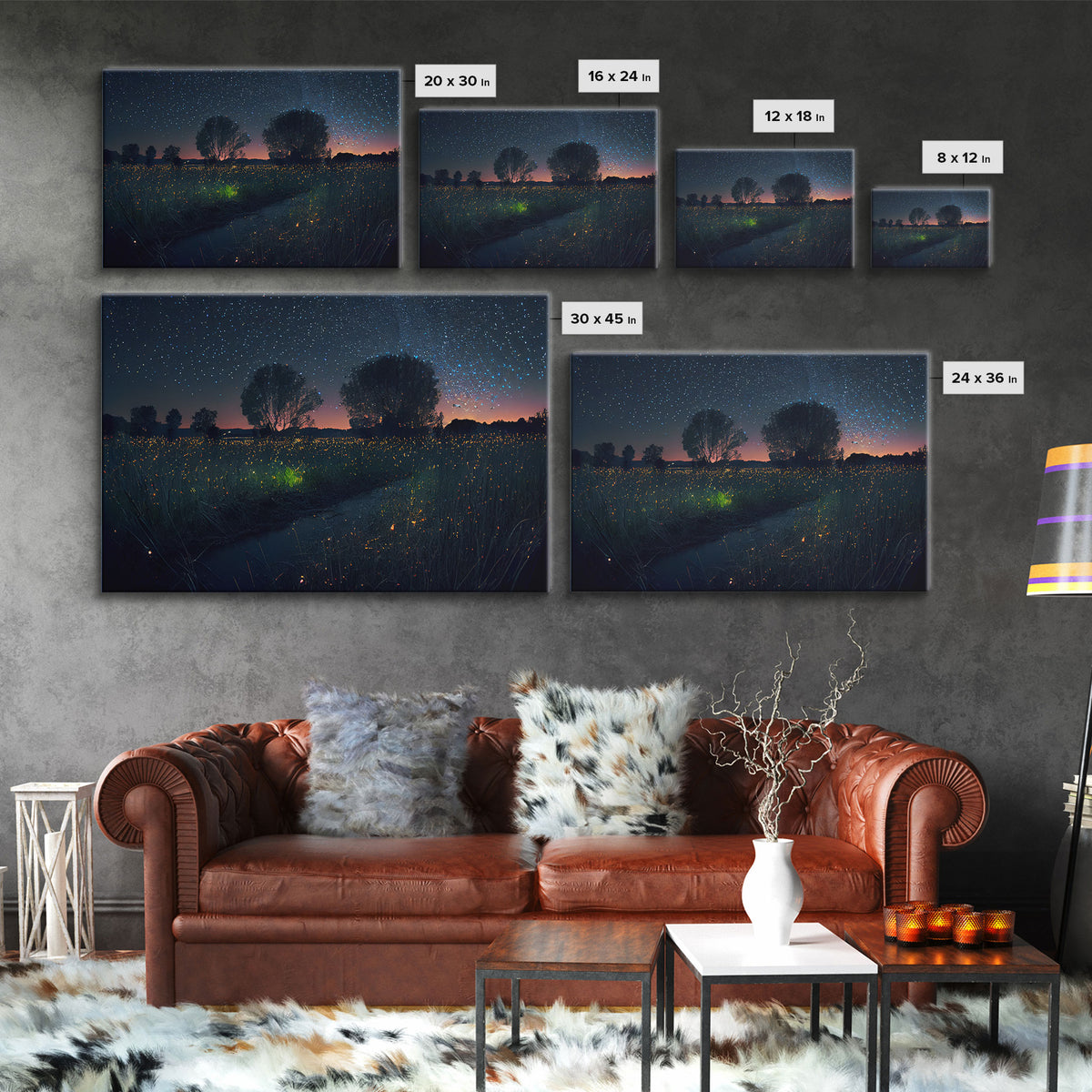 Fireflies light up the Oklahoma Prairie under a Starry night sky, framed canvas print