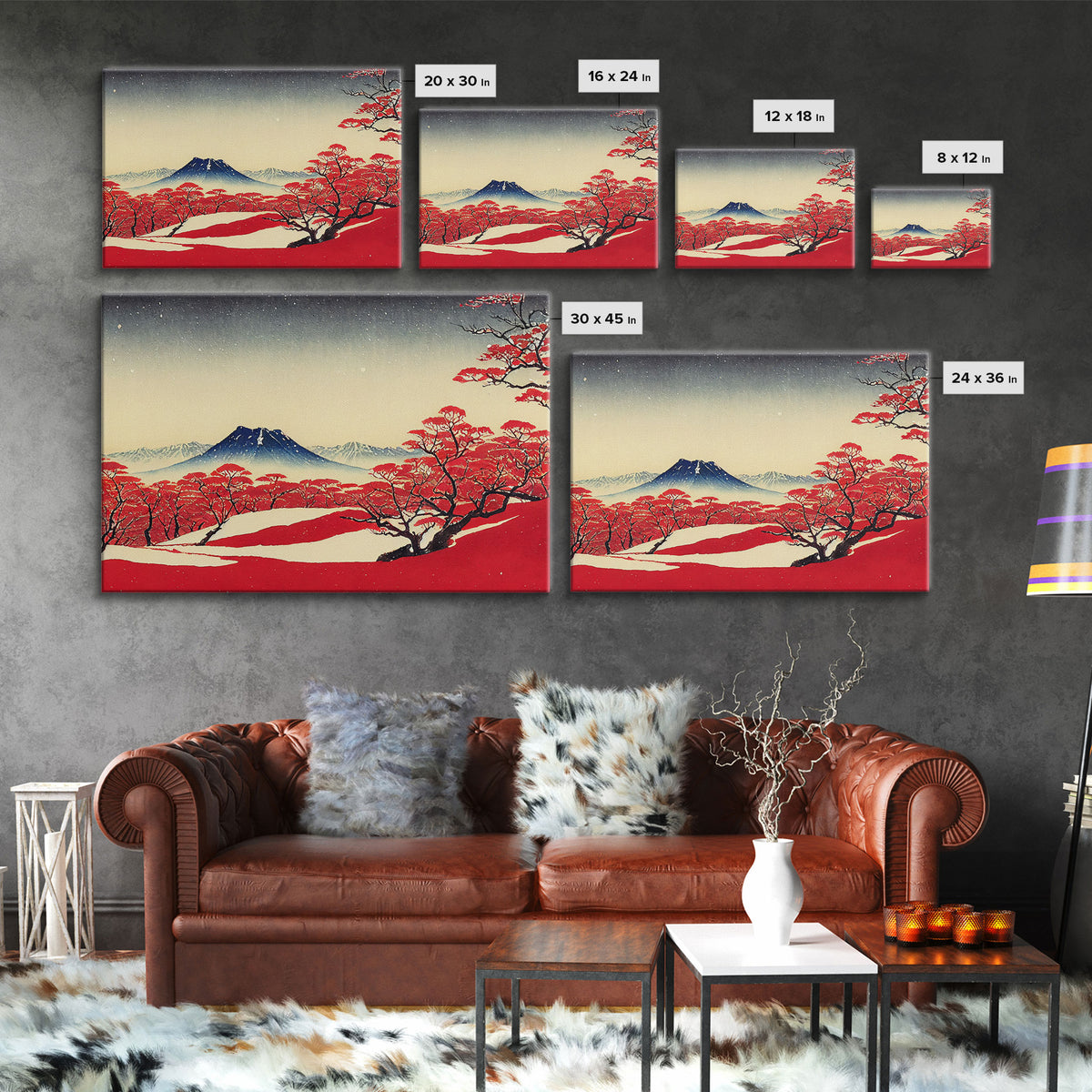 Mt. Fuji in the winter, Japanese style art, Japanese maple trees, framed canvas print, unique retro style art